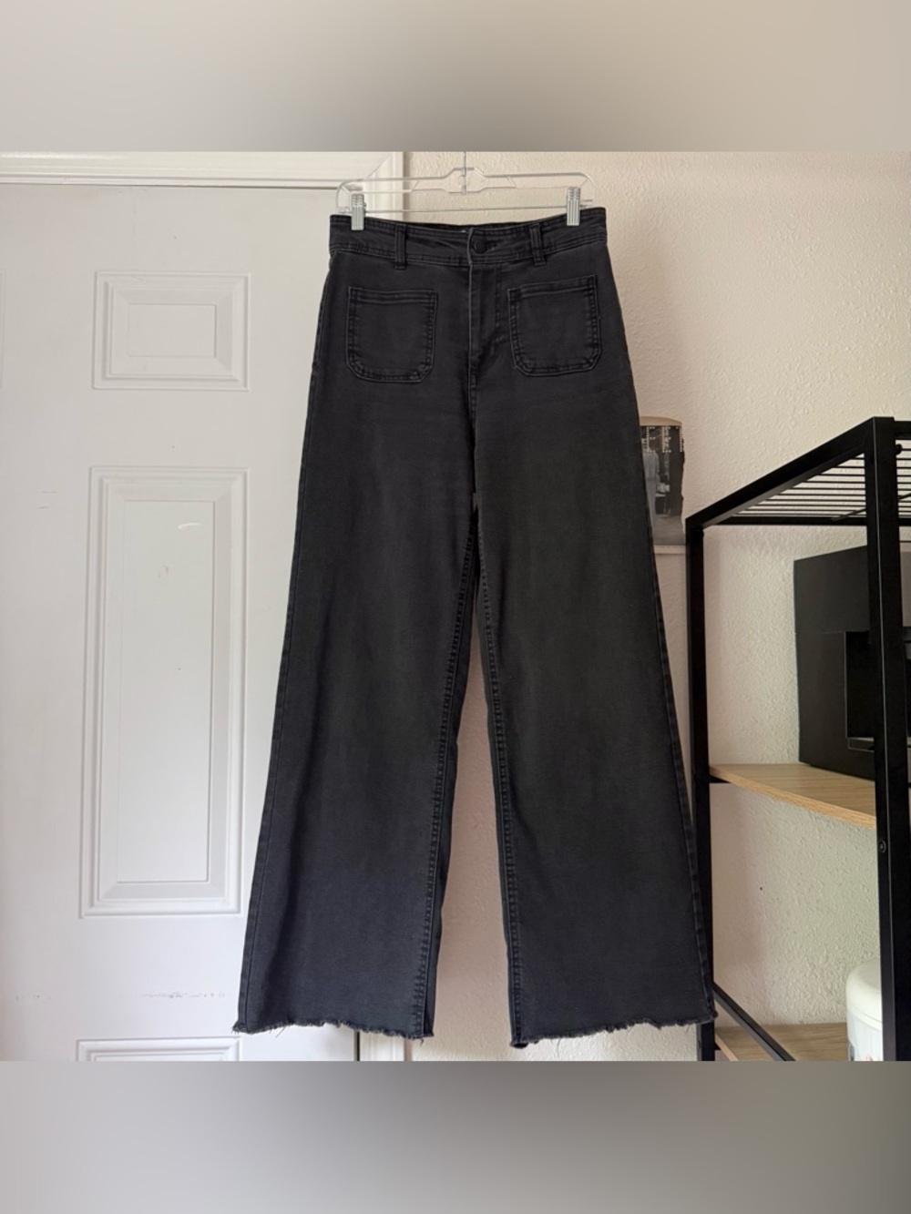 OAT NEW YORK black cotton wide leg fray raw hem cropped jeans